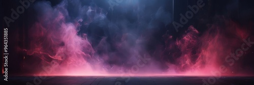 a dramatic scene of smoke and fire, with a dark background and a glowing, fiery center. The smoke, in shades of pink and purple, swirls and dances around the fire, creating a