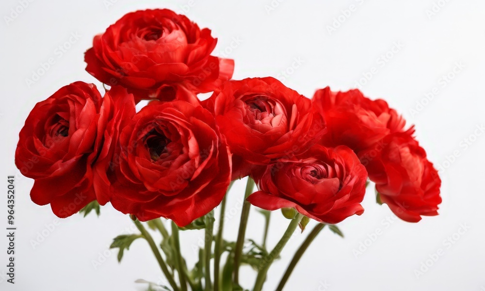 A bouquet of vibrant red roses with green stems against a white background. A bouquet of vibrant red roses with green stems against a white background.