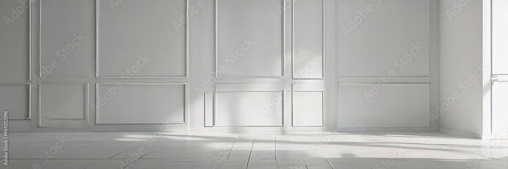 A bright, empty room with white walls and a white floor, featuring a large window on the right side. A bright, empty room with white walls and a white floor, featuring a large window on the right side.