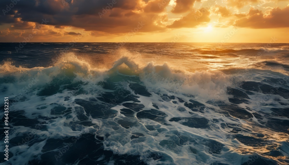 A dramatic sunset casts a warm glow over the ocean, with waves crashing against the shore in the foreground. A dramatic sunset casts a warm glow over the ocean, with waves crashing against the shore in the foreground.