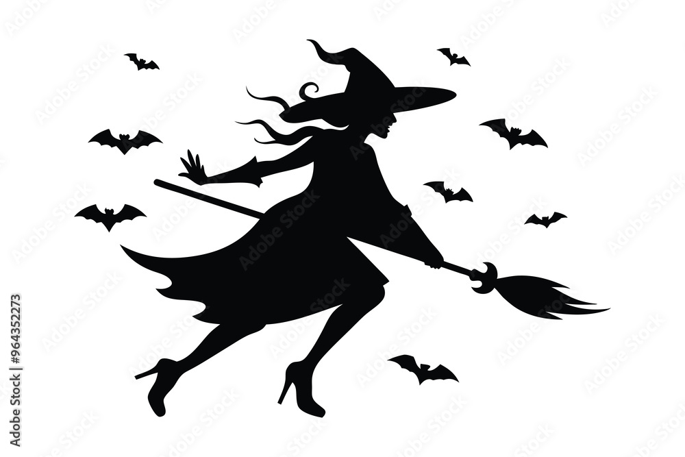 Silhouette of a Flying Witch on a Broomstick with Bats - Halloween Illustration Silhouette of a Flying Witch on a Broomstick with Bats - Halloween Illustration