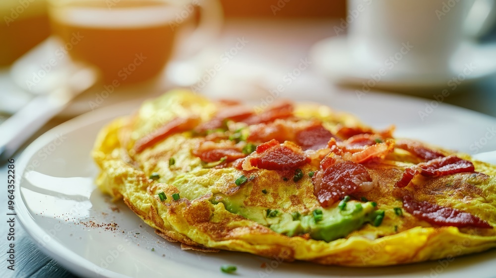 Omelette with bacon and avocado, served with coffee. Ideal for keto or carnivore diet Omelette with bacon and avocado, served with coffee. Ideal for keto or carnivore diet