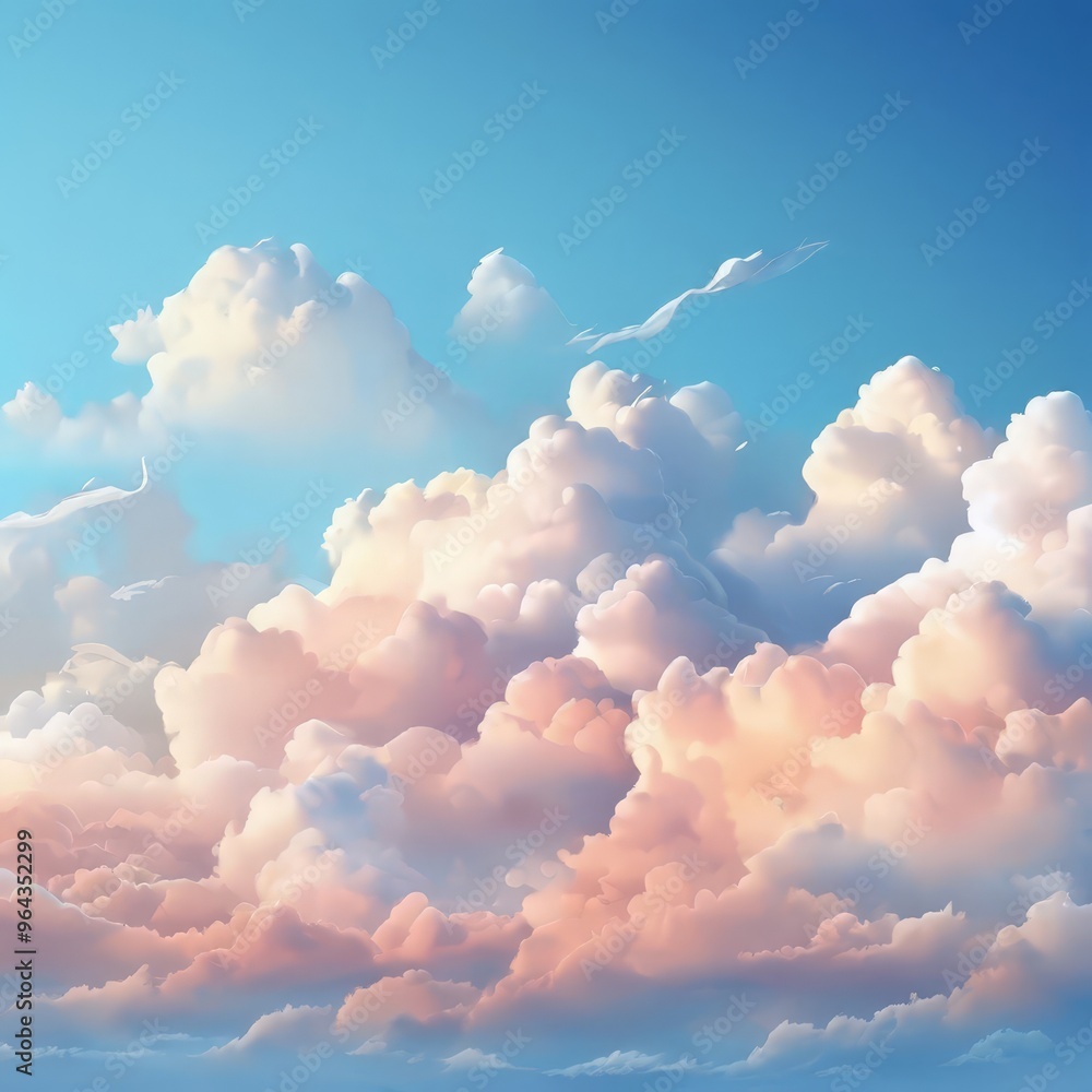 A serene sky filled with fluffy white clouds in shades of pink and blue, with a small bird soaring in the distance. A serene sky filled with fluffy white clouds in shades of pink and blue, with a small bird soaring in the distance.