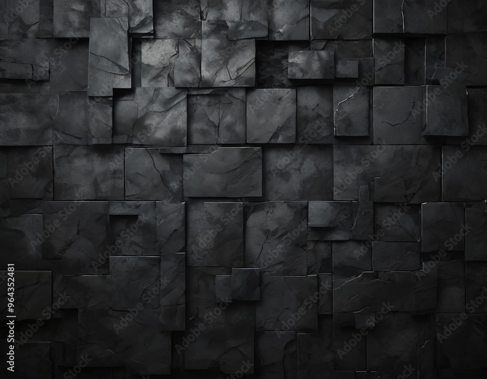 Fototapeta premium a dark, textured wall composed of square tiles arranged in a grid-like pattern, creating a sense of depth and dimension.
