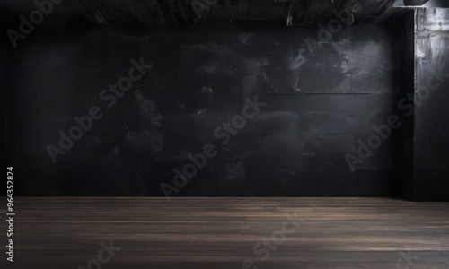 A dark, empty room with a black wall and a wooden floor.