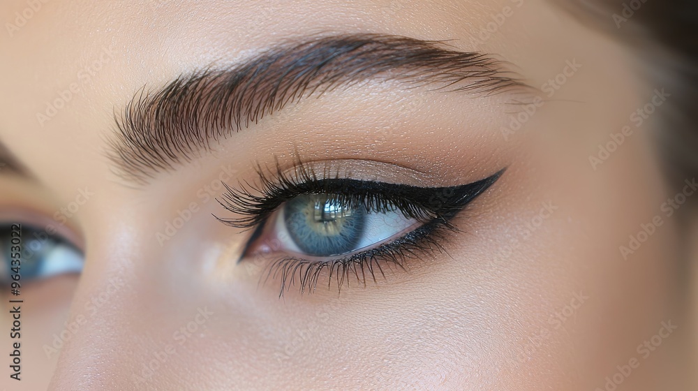 Close-up of a woman's striking eye makeup with bold eyeliner and beautifully shaped brows showcasing her captivating gaze and natural skin tone Close-up of a woman's striking eye makeup with bold eyeliner and beautifully shaped brows showcasing her captivating gaze and natural skin tone