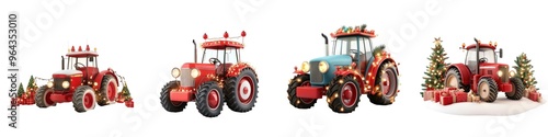 Colorful collection of festive tractors decorated for holiday cheer, showcasing unique designs and seasonal spirit.