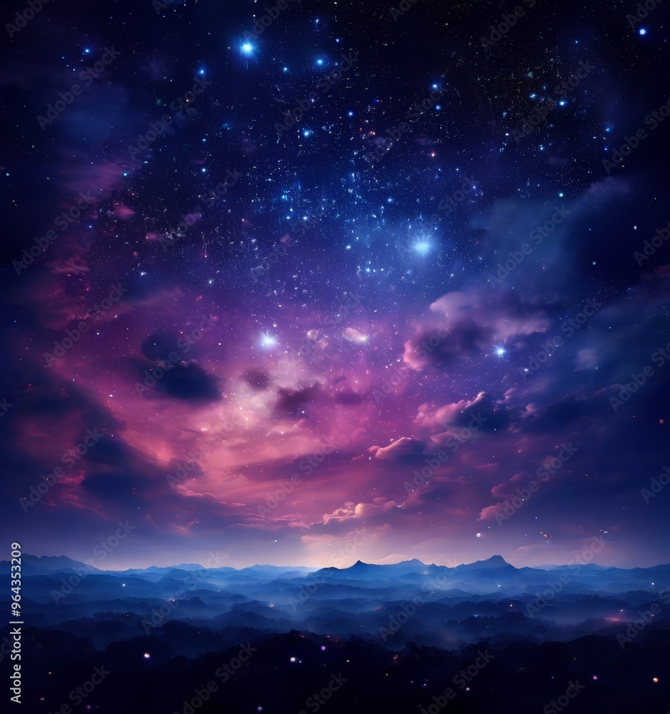 A breathtaking night sky filled with twinkling stars and a vibrant gradient of purple and pink hues, with a mountainous landscape in the distance. A breathtaking night sky filled with twinkling stars and a vibrant gradient of purple and pink hues, with a mountainous landscape in the distance.