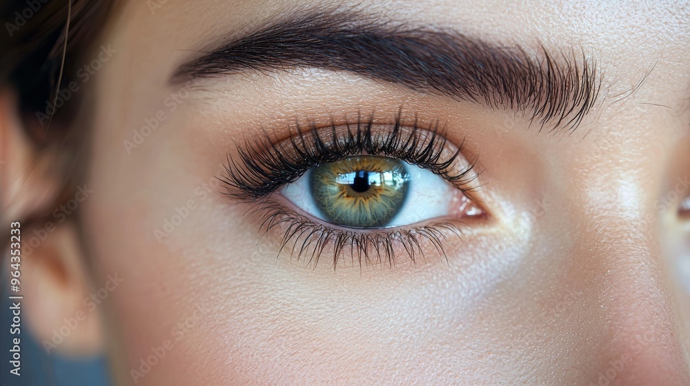 Obraz premium Captivating close-up of a young woman's striking green eye showcasing intricate details and vibrant colors in natural light