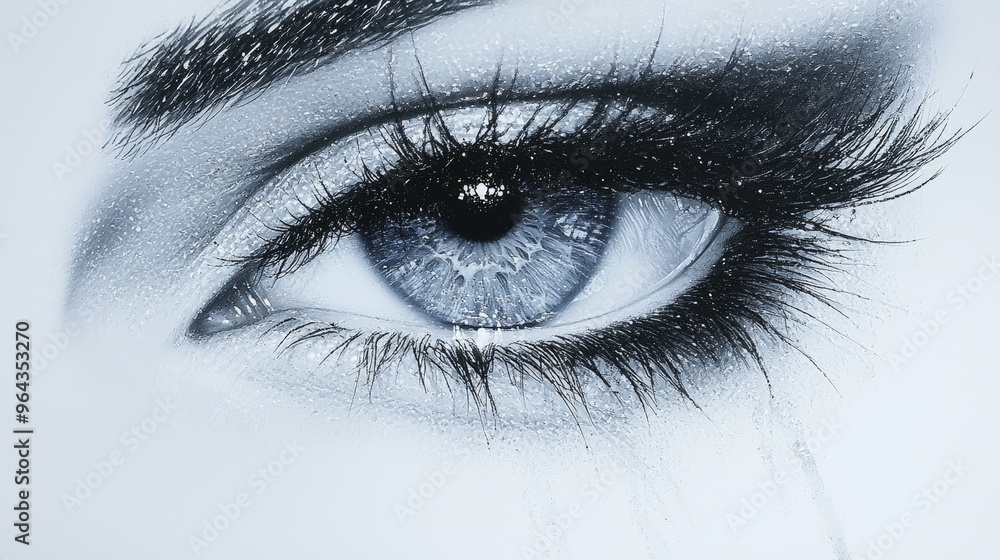 Realistic close-up of a blue eye featuring detailed eyelashes and striking iris patterns, showcasing intricate artistry and depth Realistic close-up of a blue eye featuring detailed eyelashes and striking iris patterns, showcasing intricate artistry and depth