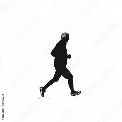 Silhouette of elderly man running for fitness and health on white background photo