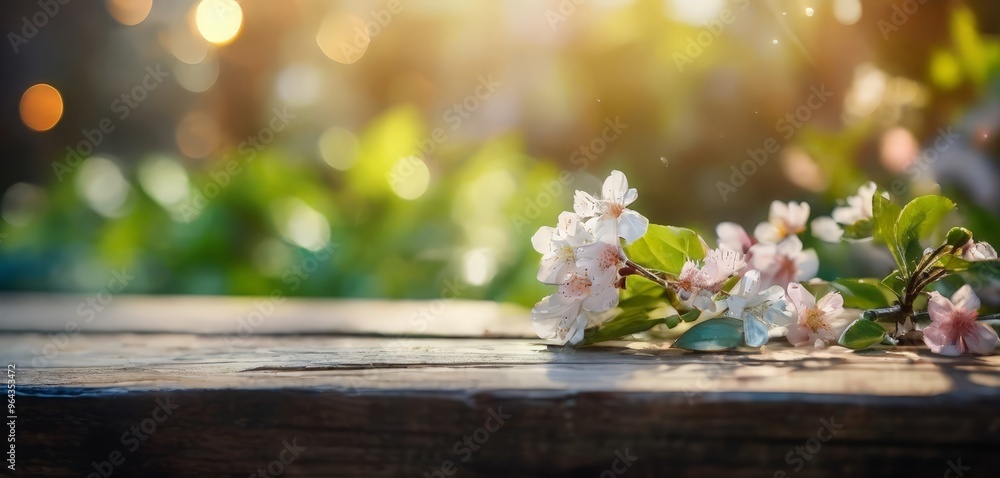 A close-up of delicate white and pink flowers on a wooden surface, with a blurred green background and warm sunlight filtering through. A close-up of delicate white and pink flowers on a wooden surface, with a blurred green background and warm sunlight filtering through.