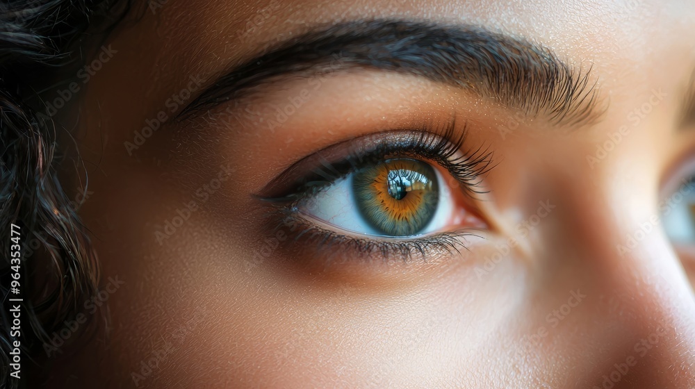 Close-up view of a young woman's captivating green and brown eye reflecting light in a natural setting Close-up view of a young woman's captivating green and brown eye reflecting light in a natural setting