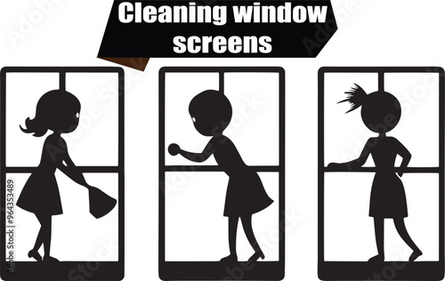 Cleaning Window Screens Dark Silhouette Shapes Vector Set