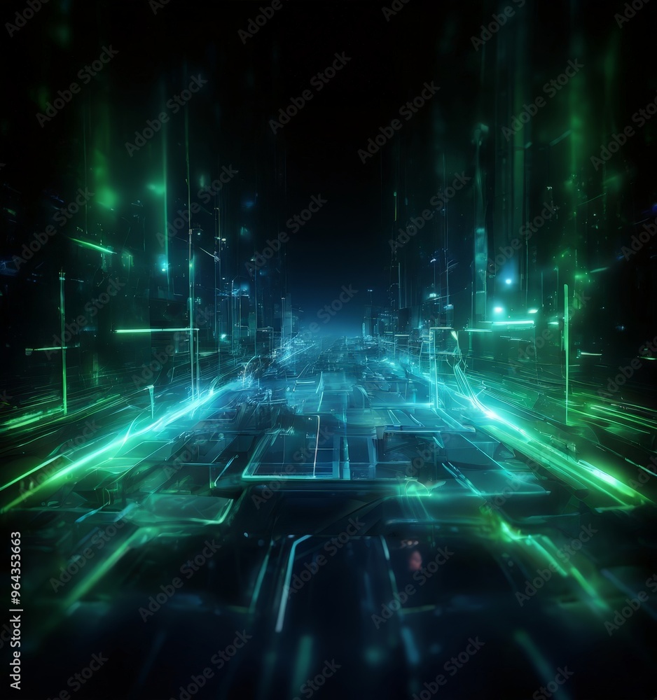 futuristic cityscape, characterized by a network of glowing lines and structures, creating a sense of depth and dimensionality. The predominant colors are green and blue, with futuristic cityscape, characterized by a network of glowing lines and structures, creating a sense of depth and dimensionality. The predominant colors are green and blue, with