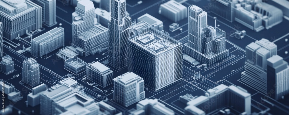 Intricate architectural blueprint of a modern city skyline rendered in dark blue tones Intricate architectural blueprint of a modern city skyline rendered in dark blue tones