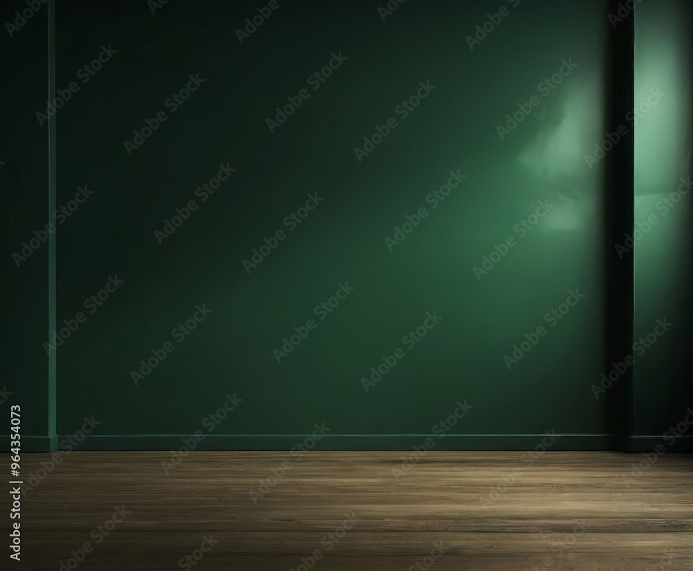 A dark green wall with a wooden floor in the foreground. A dark green wall with a wooden floor in the foreground.