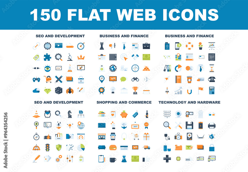 150 Flat web icons - SEO and development, business and finance ...