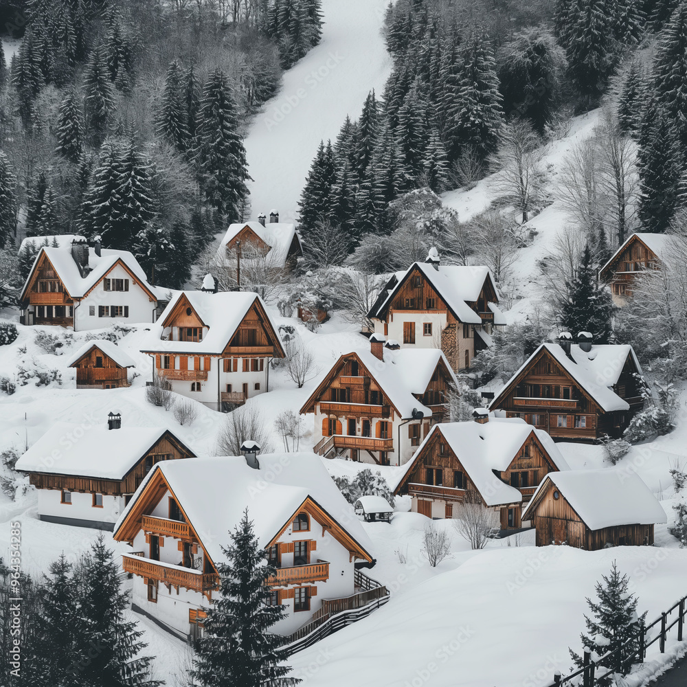 Snowcovered Alpine Village with Wooden Cabins Amid Pine Forest in Winter Wonderland