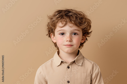  young boy with curly hair against neutral background