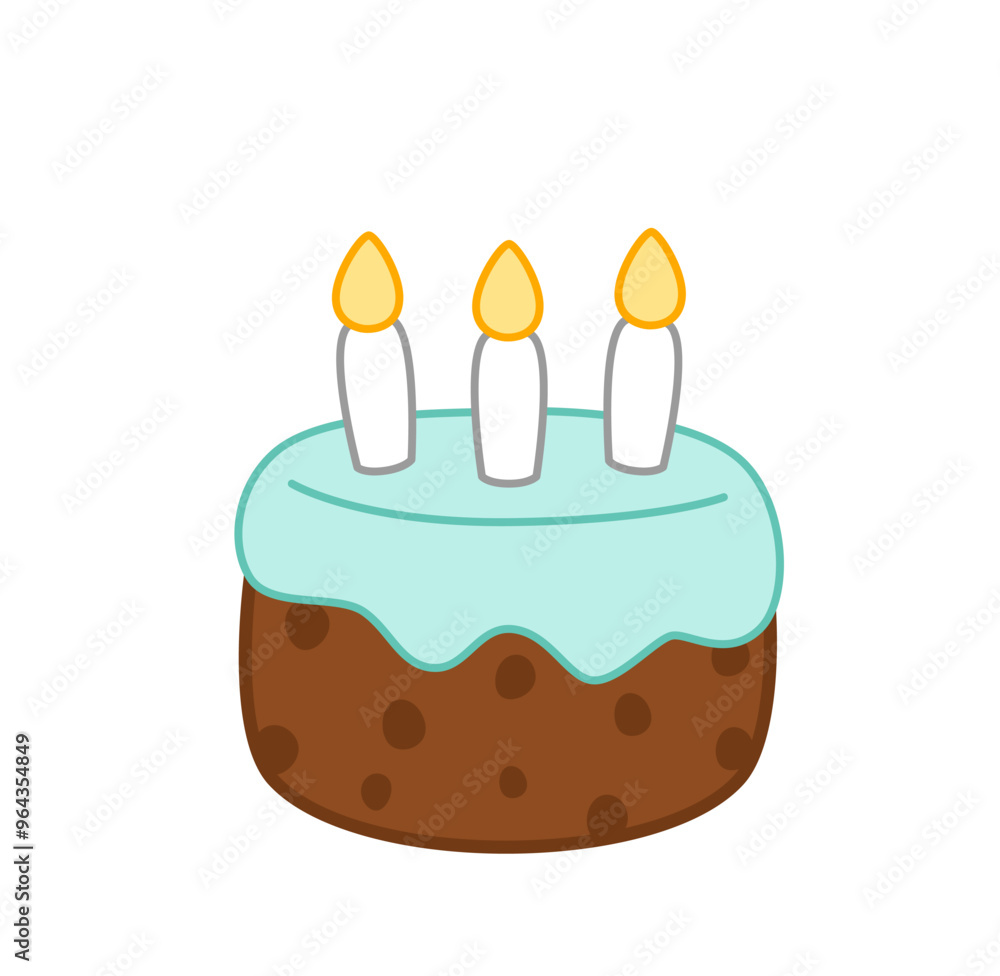 Birthday cake with three burning candles and cyan glaze. Cartoon, vector.