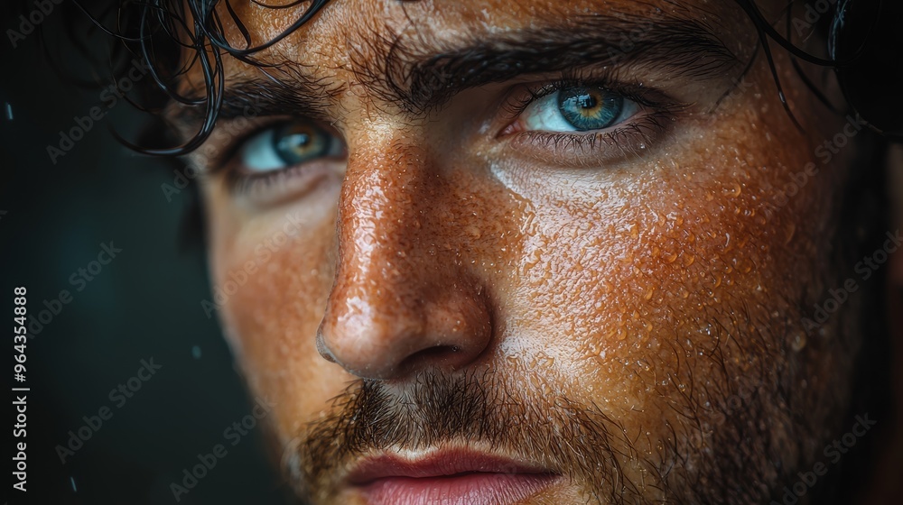 Obraz premium A close-up of a man with striking blue eyes and wet skin after rain in a natural setting during a moody afternoon