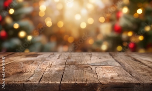 christmas tree background wooden table in the foreground with a blurred background of a Christmas tree and twinkling lights.