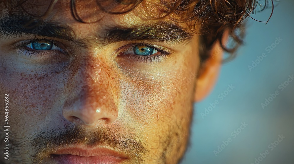 Close-up of a young man with striking blue eyes and freckles against a blurred background at sunset near the beach Close-up of a young man with striking blue eyes and freckles against a blurred background at sunset near the beach