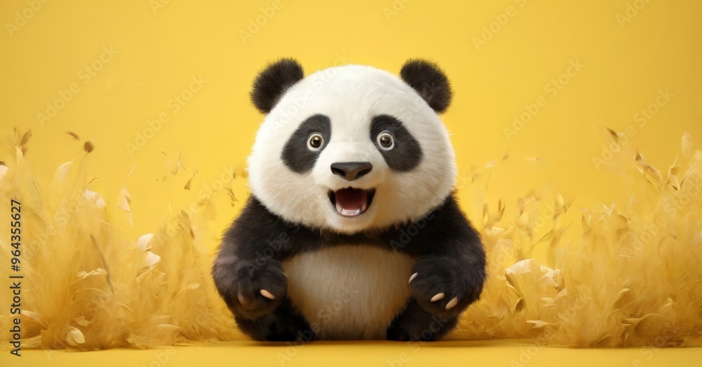 A panda bear with a surprised expression sits on a yellow background, surrounded by yellow flowers. A panda bear with a surprised expression sits on a yellow background, surrounded by yellow flowers.