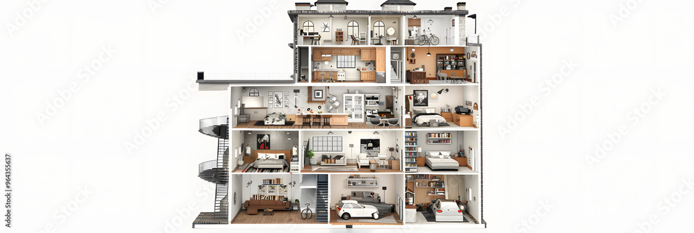 cutaway view of a high rise building with many rooms and floors showing ...