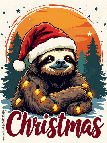 Sloth in a Santa hat and wrapped with large bulb christmas lights with words Slothy Christmas photo