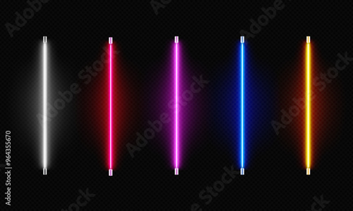 Realistic isolated colorful neon led lamp tube set. Luminous glowing lights lines in different colors on dark transparent background.