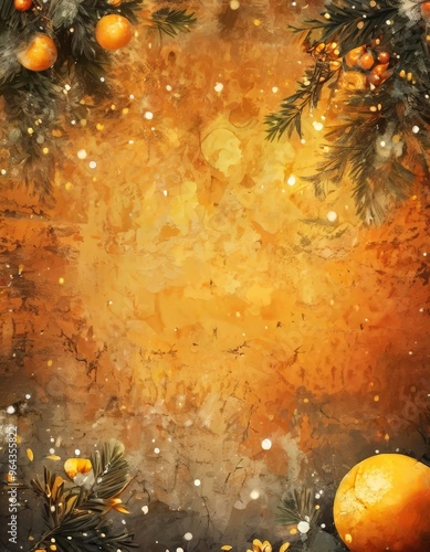 vibrant, textured background with a warm, golden hue. The left side is adorned with orange and green Christmas decorations, including oranges, pine branches, and pine needles.