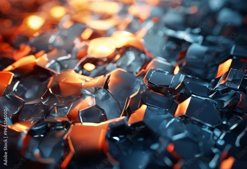 close-up view of a complex arrangement of hexagonal and octagonal glass pieces, with a blend of blue and orange hues. The pieces are arranged in a way that creates a sense of close-up view of a complex arrangement of hexagonal and octagonal glass pieces, with a blend of blue and orange hues. The pieces are arranged in a way that creates a sense of