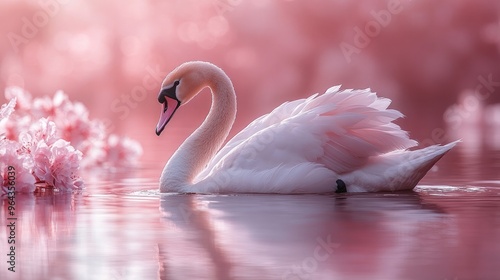 Fototapeta Naklejka Na Ścianę i Meble -  Elegant swan gracefully swimming in calm waters with a serene pastel pink gradient background ideal for relaxation themes.