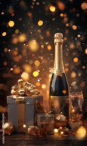 Wallpaper Mural A bottle of champagne, a gift box, and a wine glass are arranged on a wooden surface, with a bokeh background of golden lights. Torontodigital.ca
