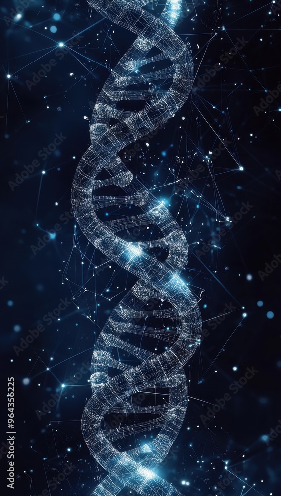 Digital art depicting an abstract DNA helix with interconnected nodes on a dark blue background representing genetics, technology, and innovation in a futuristic design Digital art depicting an abstract DNA helix with interconnected nodes on a dark blue background representing genetics, technology, and innovation in a futuristic design