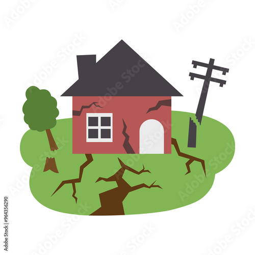 Vector illustration of a house damaged by a natural disaster, with cracked ground, a fallen tree, and a fallen power line, showing signs of a landslide, erosion, or earthquake.