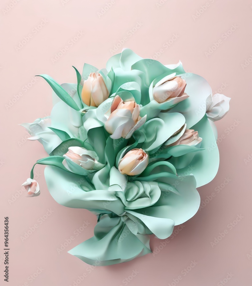 A bouquet of pastel-colored tulips with green leaves is arranged against a light pink background. A bouquet of pastel-colored tulips with green leaves is arranged against a light pink background.