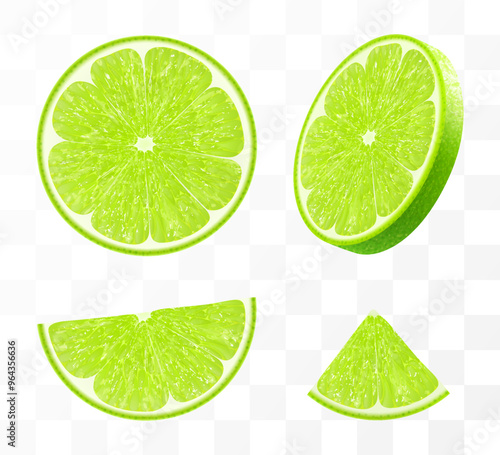 Green ripe lime slices isolated on transparent background. Tropical plant, exude freshness and zesty burst, promising a tangy flavor in every piece. Realistic 3d vector illustration.
