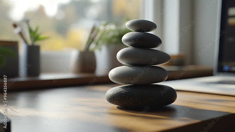 Stack of Smooth Grey Stones on Wooden Tabletop Stack of Smooth Grey Stones on Wooden Tabletop