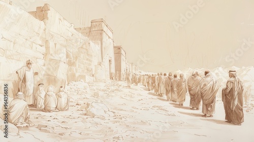 Genesis,Joseph Rules in Egypt:Scene of Joseph Meeting with Egyptian Officials to Plan for Famine, Bold Pencil Sketch, Minimalist Modern Biblical Illustration, Soft Beige Background  photo