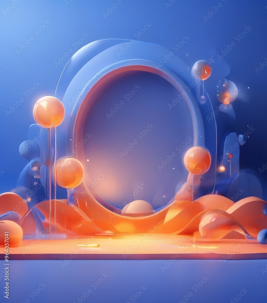 Obraz premium digital art piece featuring a circular frame with a large central hole, surrounded by a multitude of orange spheres and bubbles. The spheres are arranged in a circular pattern,