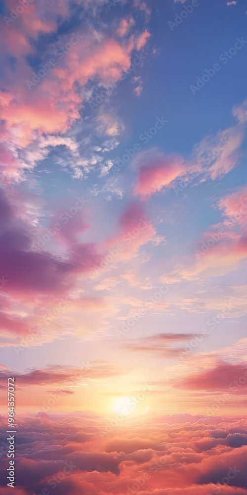 Fototapeta premium A breathtaking sunset scene with a vibrant sky filled with pink and orange clouds, creating a stunning backdrop for the setting sun.