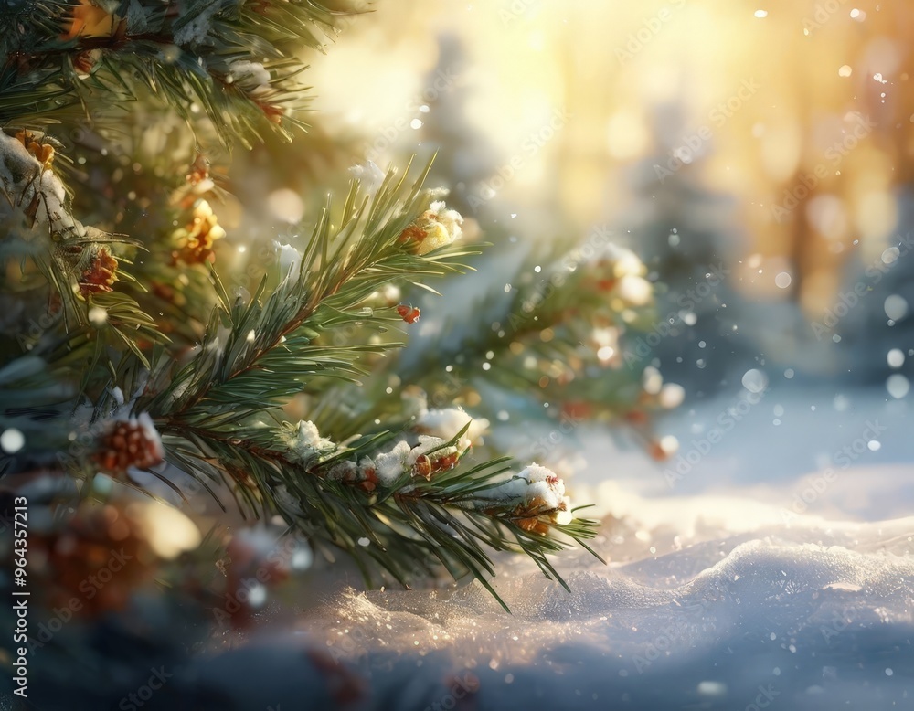 A close-up view of a snow-covered pine tree branch with pine cones, set against a blurred background of a forest and sunlight. A close-up view of a snow-covered pine tree branch with pine cones, set against a blurred background of a forest and sunlight.