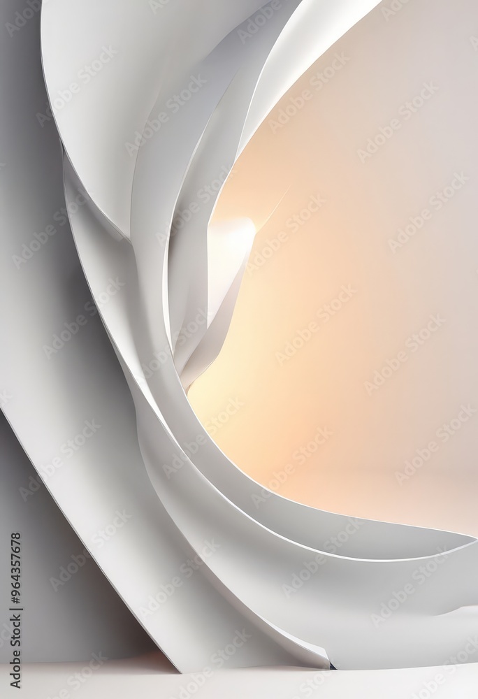 Obraz premium white, abstract sculpture with curved, overlapping shapes that create a sense of movement and dynamism. The sculpture is set against a gradient background transitioning from