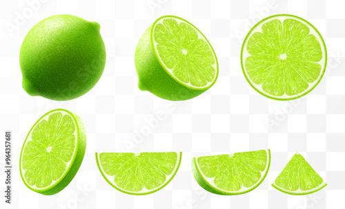 Green ripe lime set. Whole, half and slice citrus fruit isolated on transparent background. Tropical plant, exude freshness, promising a tangy flavor in every piece. Realistic 3d vector illustration.