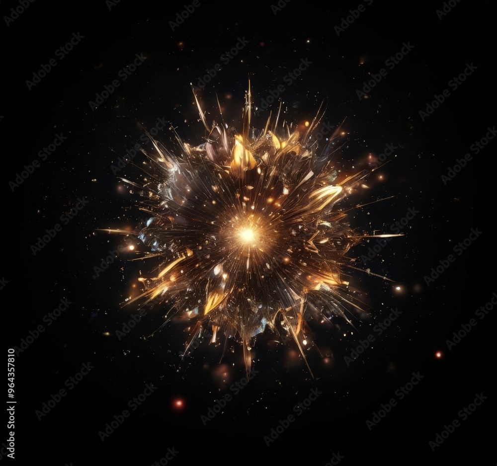 Obraz premium a digital explosion with a radiant center, surrounded by a multitude of sparkling golden and white particles against a black background.