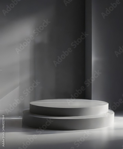 A minimalist black and white image of a white pedestal with a flat top, set against a dark background with a window and a vertical light beam.