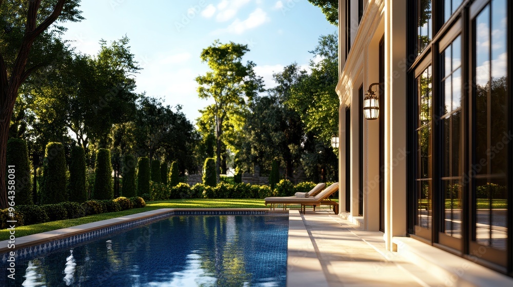Twilight Serenity at Luxurious Poolside with Reflective Water Twilight Serenity at Luxurious Poolside with Reflective Water